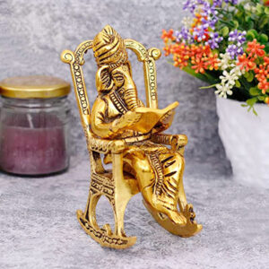 Lord Ganesha Reading Ramayana Statue Hindu God Ganesh Ganpati Sitting on Chair Idol Sculpture