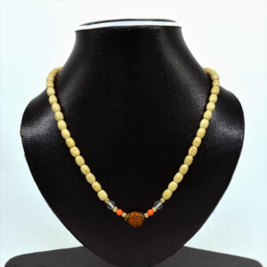 Fancy Dull Cream Color Wooden Beads Mala With Original 5 Face Rudraksha Bead