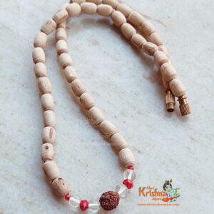 Fancy dull cream color wooden beads mala with Original 5 face rudraksha bead