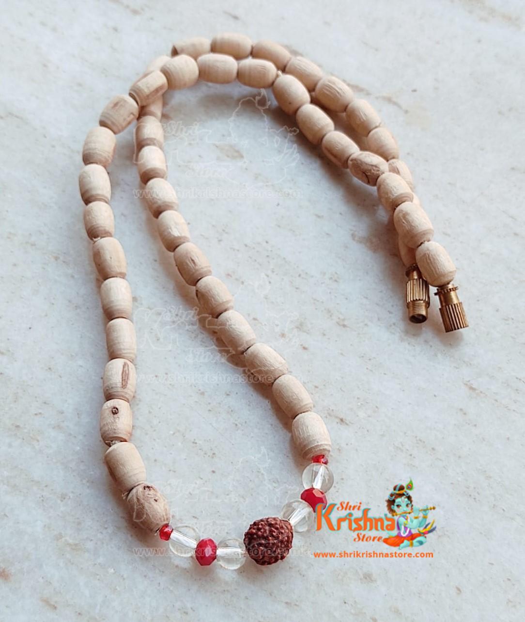Fancy dull cream color wooden beads mala with Original 5 face rudraksha bead