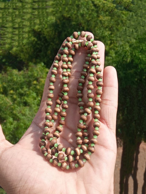 2 Round Shyam tulsi kanthi mala with english green crystal