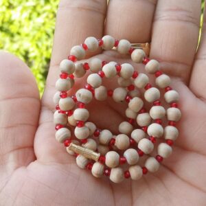 One Round Tulsi Beads Kanthi Mala With Red Crystal