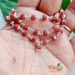 54+1 Rudraksha Beads Mala with Silver Flower Caps