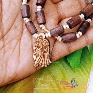 Brown Tulsi Necklace With Radha Krishna Pendant, Tulsi Mala