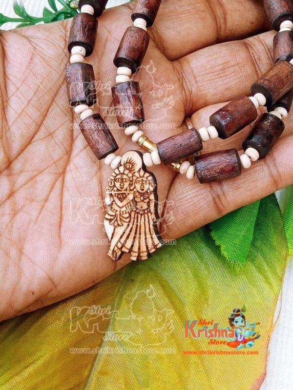 Brown Tulsi Necklace With Radha Krishna Pendant, Tulsi Mala