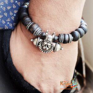 Narasimha Kavach with Black Tulsi Beads Bracelet in Silver - Premium