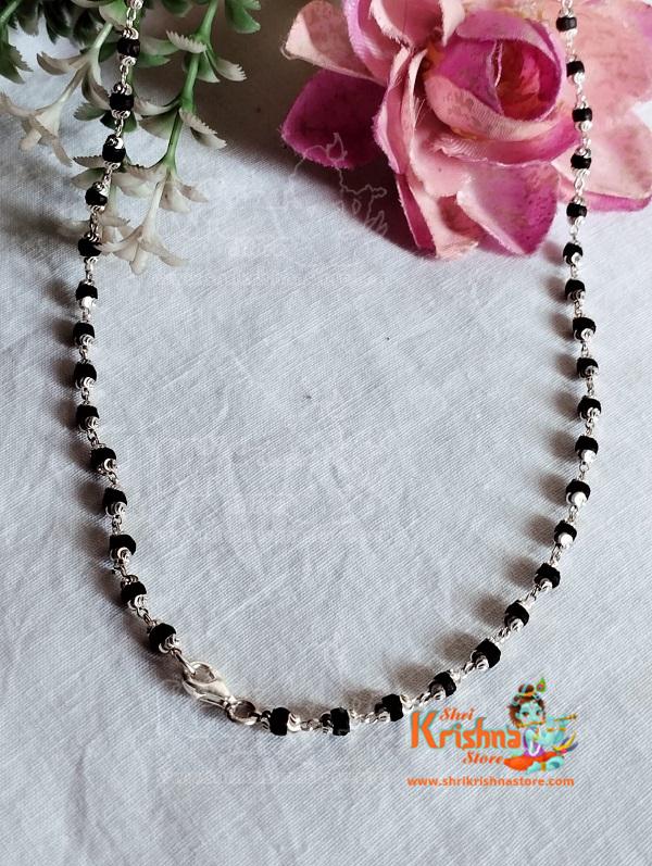 18 inch Sterling Silver Beautifully Designed Natural Black Tulsi Beads Mala