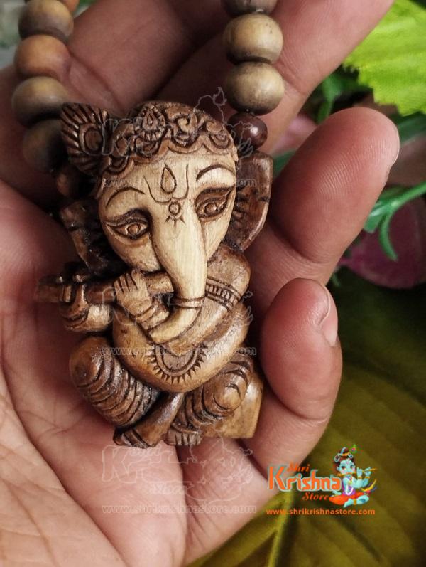 Ganesh ji Tulsi Locket Mala With Om Carved Tulsi Beads