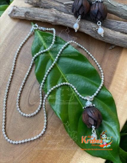 Sterling Silver Lotus Beads Tulsi Mala With Earring Set