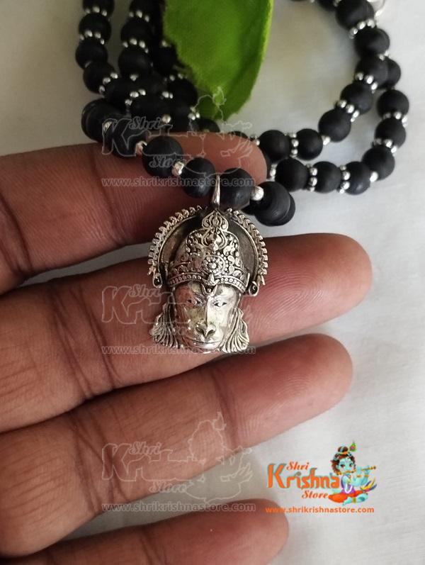 Sterling Silver Hanuman Ji Pendant with Handmade Tulasi Beads Necklace