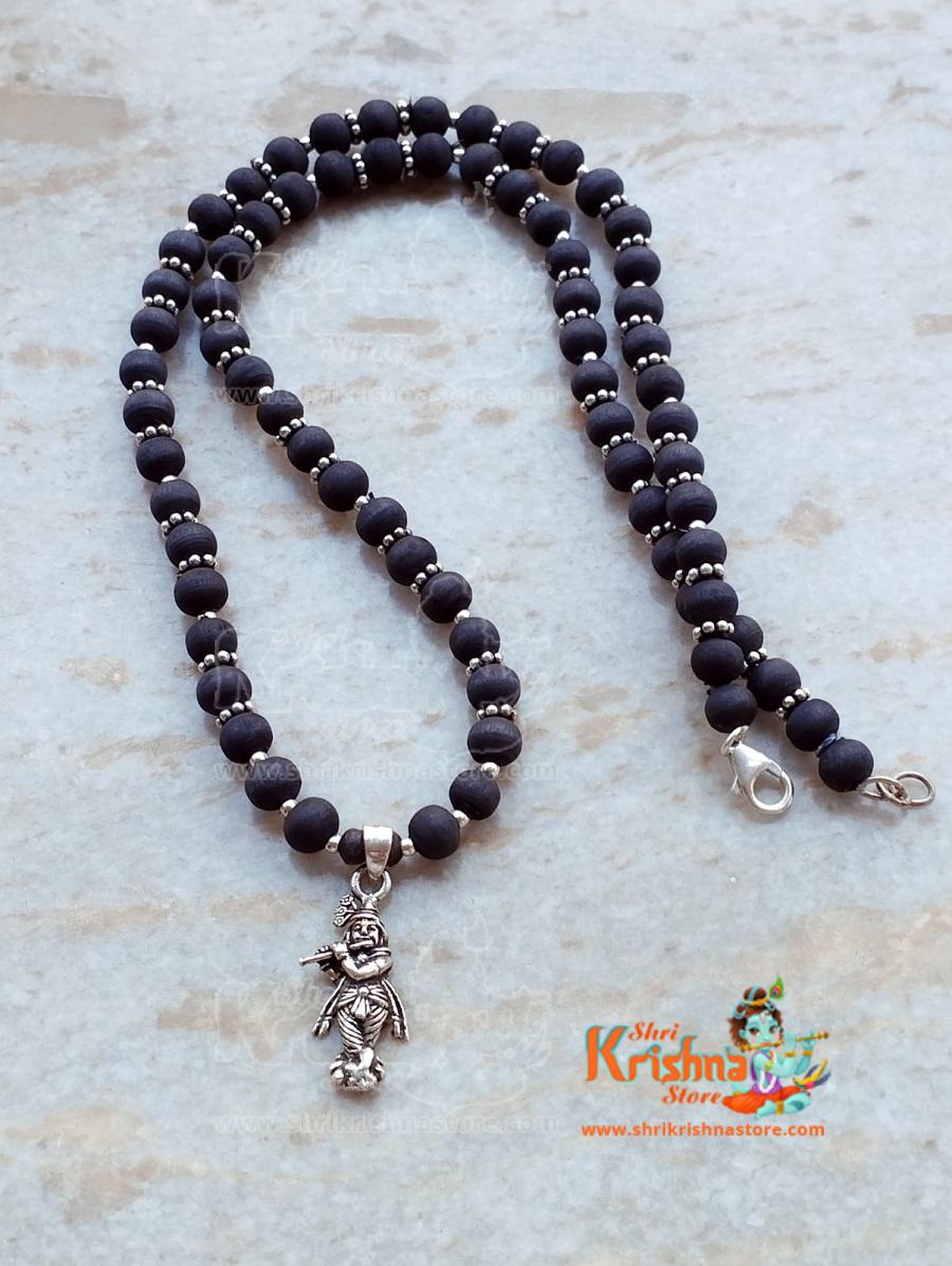 Black Tulsi Beads Krishna Ji Mala with silver cap
