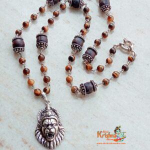 Sterling Silver Narasimha Pendant With Heavy Sterling Silver Capped Tulasi Beads - Classic / Trendy