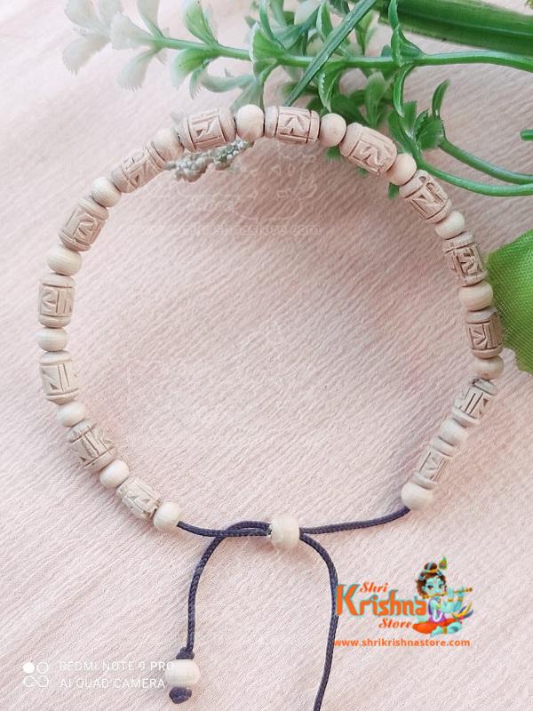 Shri Radha Carved Original Tulsi Beads Bracelet with Adjustable Thread