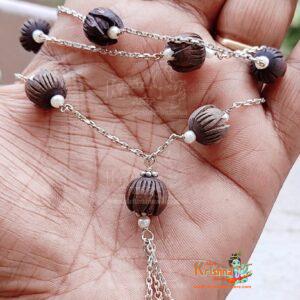 Lotus Tulsi Beads and Real Pearl With Silver Chain Mala - Premium