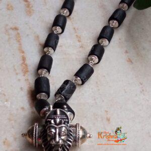 Narsimha Kavach Necklace with Shyma Black Original Tulsi Beads and Silver Classic Caps - Energetic / Symbol Of Power