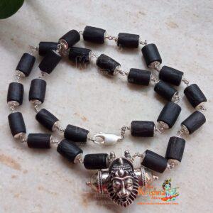 Narsimha Kavach Necklace  with Shyma Black Original Tulsi Beads and Silver Classic Caps - Energetic / Symbol Of Power