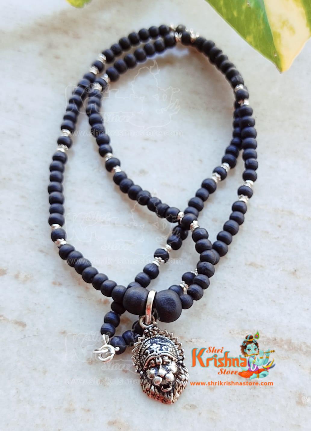 Silver Flower Capped Round Beads Tulsi Kanthi With Sterling Silver Divine Narasimha Pendant