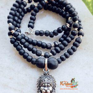 Silver Flower Capped Round Beads Tulsi Kanthi With Sterling Silver Divine Narasimha Pendant