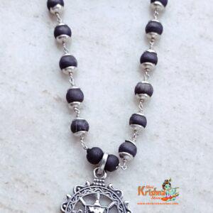 Lord Jagannath Sudarshan Design - Black Tulsi Silver Pendant Mala