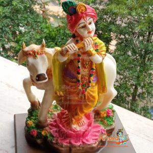 Krishna Murti Playing Flute with Gau Mata Idol