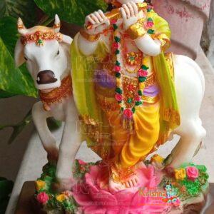 Krishna Murti Playing Flute with Gau Mata Idol