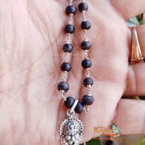 Silver Flower Capped Round Beads Tulsi Kanthi With Sterling Silver Divine Narasimha Pendant