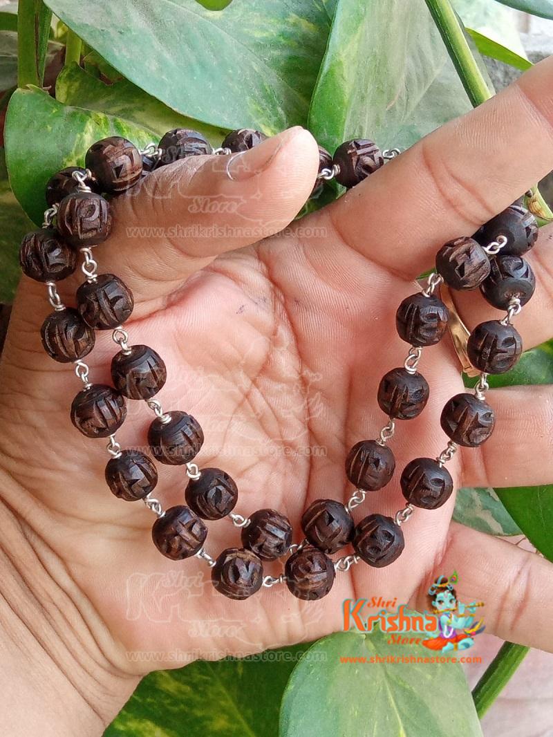 Radha Carved Silver Shyma Tulsi Beads Mala