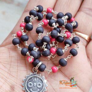 Silver Flower Capped Tulsi and Red Pearl Beads with Jagannath Pendant – Classic Necklace