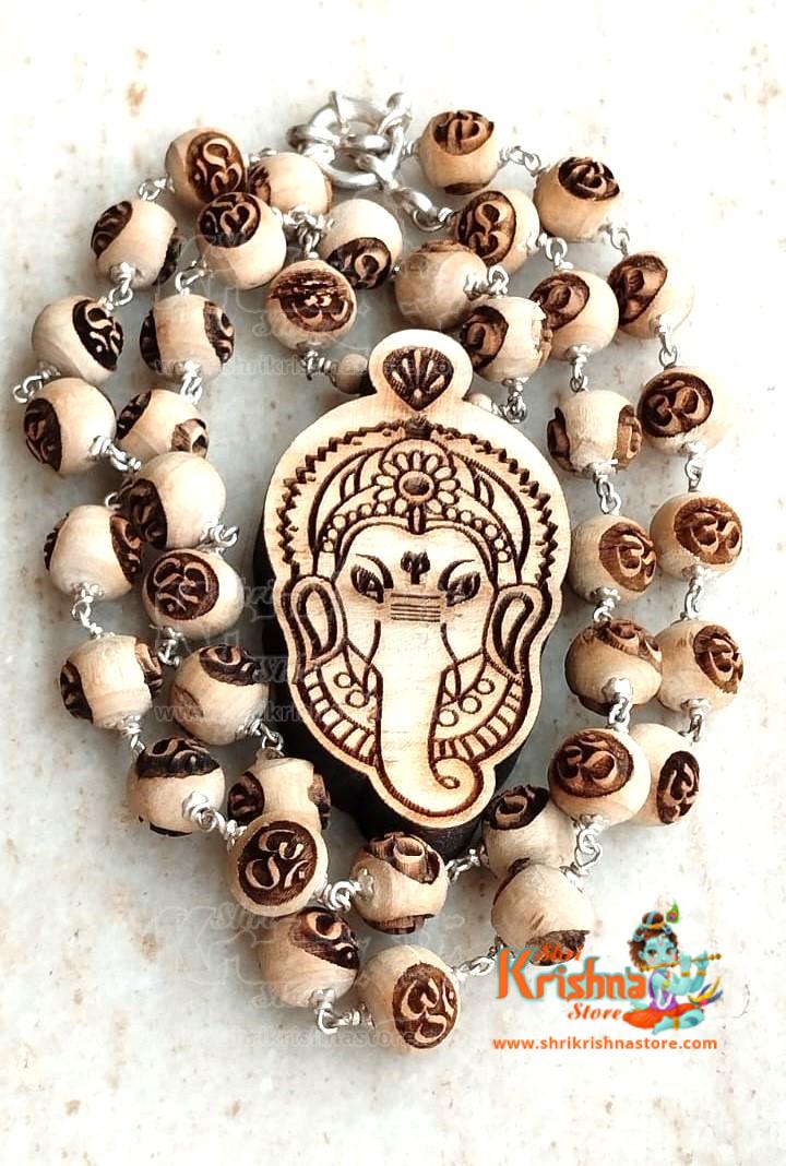 Shri Ganesh ji Tulsi Locket with Om Carved Mala In Silver