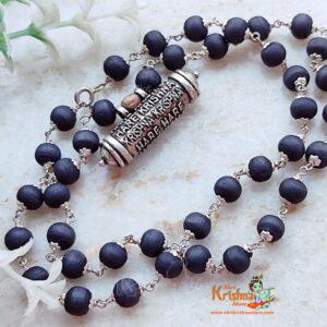 Sterling Silver Hare Krishna Maha Mantra Narshima Kavach, Pendant with Tulsi Shyma Black Mala