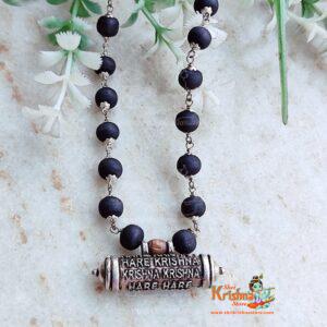 Sterling Silver Hare Krishna Maha Mantra Narshima Kavach, Pendant with Tulsi Shyma Black Mala