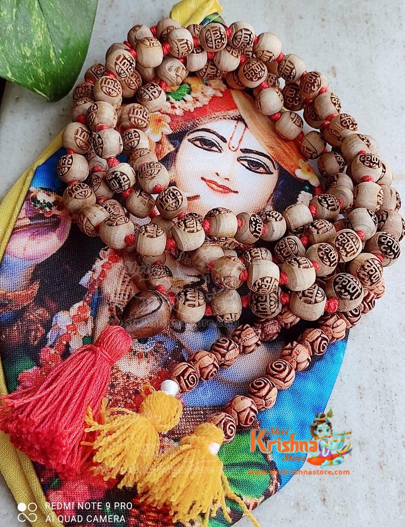 108 + 1 Krishn Carved , Shyama Tulsi Beads Japa Mala With Krishn Japa Bag & Sakshi Mala – Premium