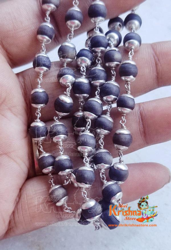 54+1 Beads Tulsi Mala in Silver with Silver Caps – Premium