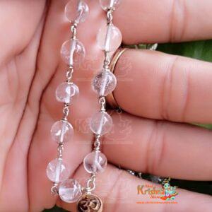 54+1 Om Spathic Beads Mala in Silver With flower Caps – Premium