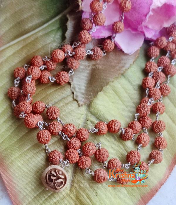 Rudraksh Japa Mala 108 Beads with One Om Guru Beads in Silver Mala