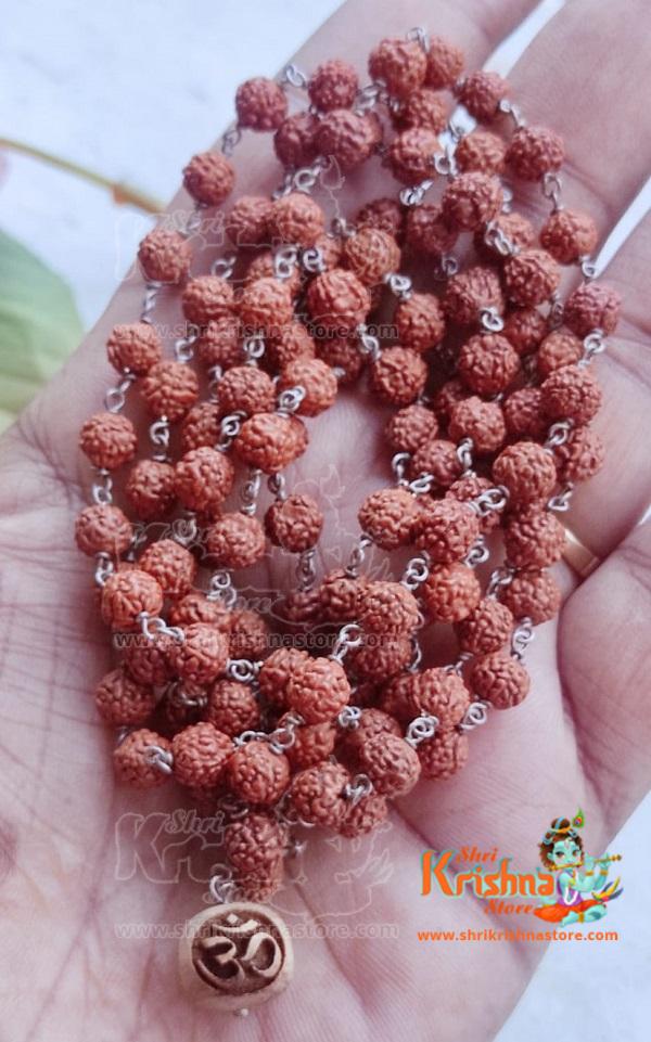 Rudraksh Japa Mala 108 Beads with One Om Guru Beads in Silver Mala