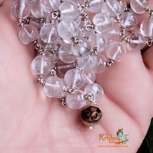 54+1 Om Spathic Beads Mala in Silver With flower Caps – Premium