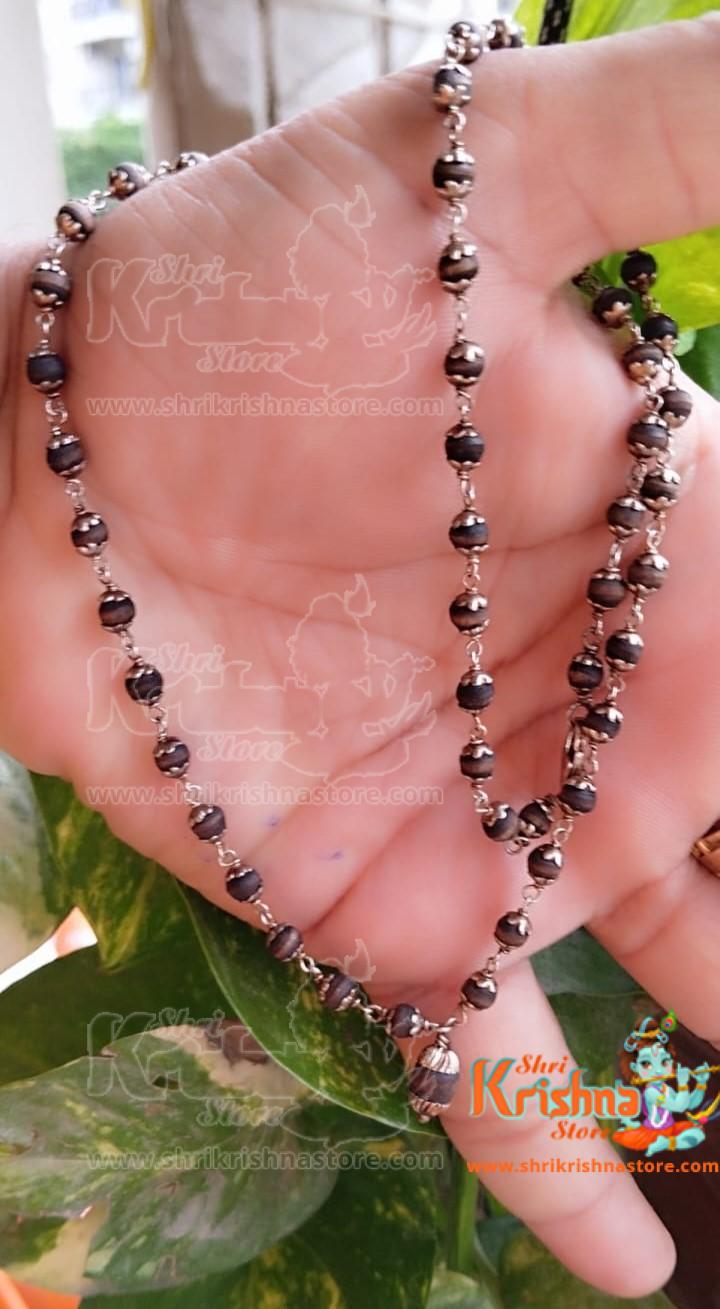 54+1 Silver Shyma Tulsi Black Beads Mala For Wear And Japa Both Purpose