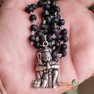 Hanuman JI Silver Shayma Black Round Tulsi Beads Mala for Ram Devotees