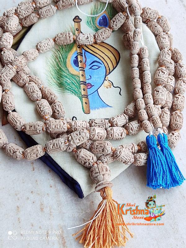 Hand Work Krishna Carved Tulsi Japa Beads Chanting Japa Mala Set