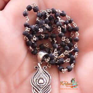 Silver Peacock Feather Design Tulsi Locket Mala