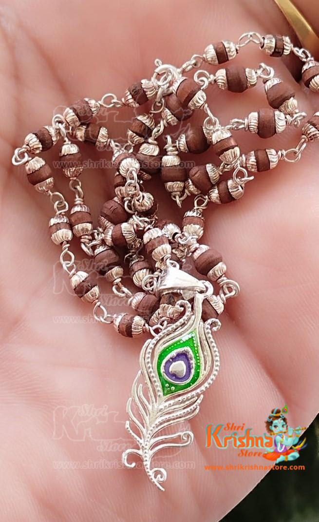 Silver Peacock Feather Design Tulsi Locket Mala