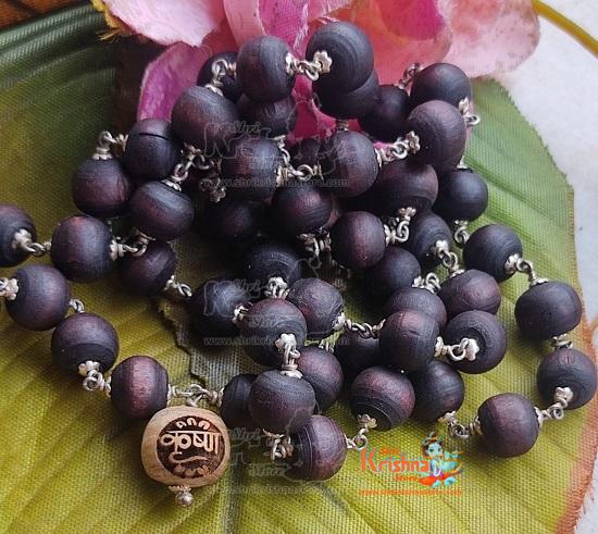54+1 Krishna Guru Beads Tulsi Mala in Silver with Silver Caps – Premium