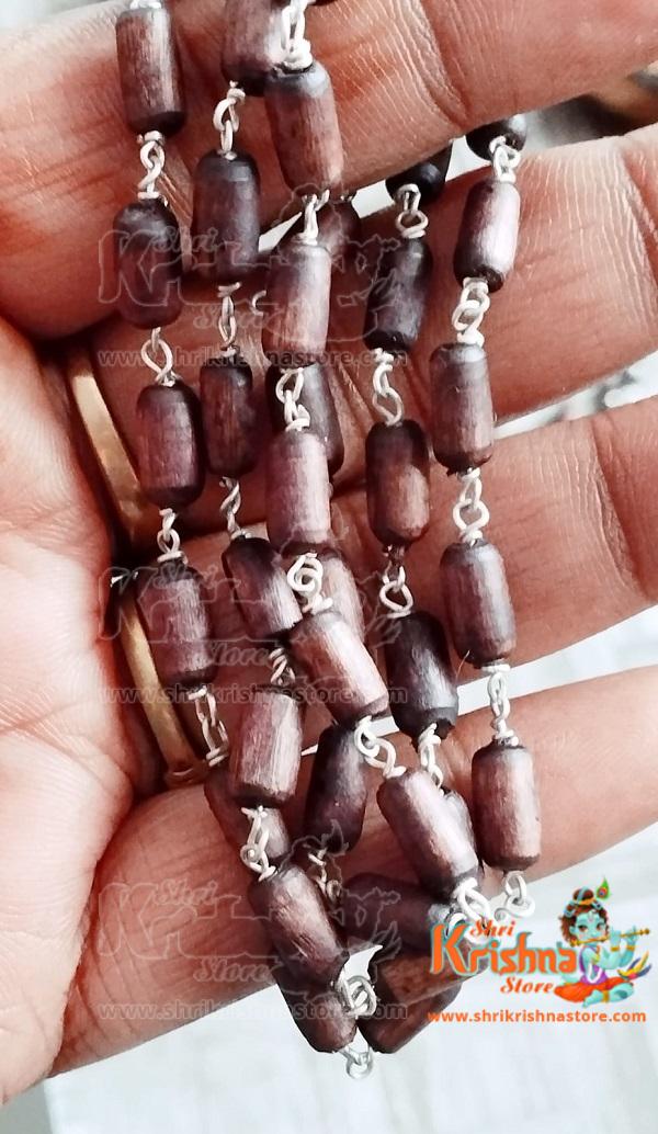 Natural Dark Brown Shyama Tulsi Beads Kanthi Mala With Silver