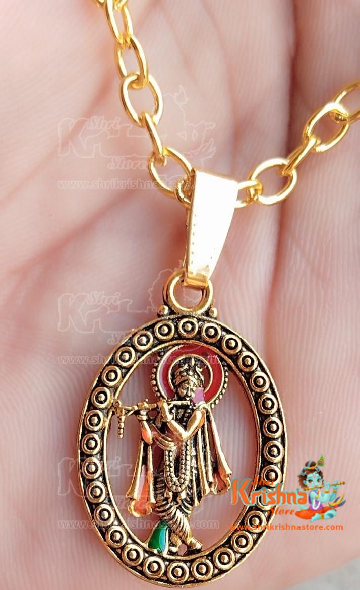 Krishna Locket With Chain Gold Pendant Gold-plated Brass Gold-plated Onyx Brass Pendant