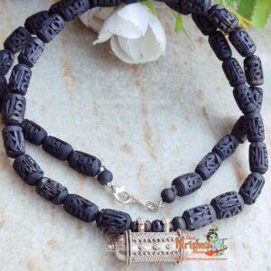 Silver Narasimha Kavach With Black Krishna Carved Handmade Tulsi Mala