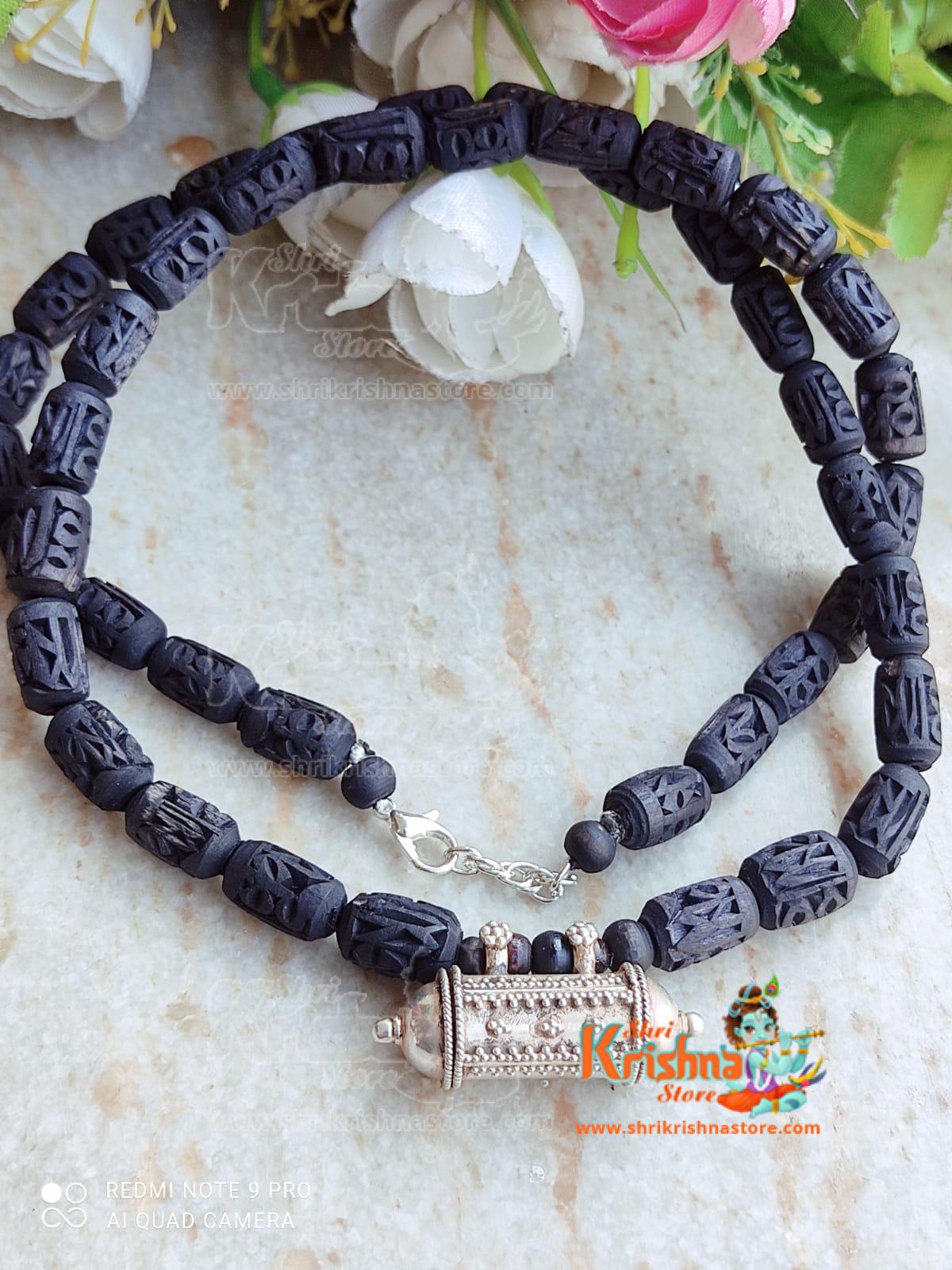 Silver Narasimha Kavach With Black Krishna Carved Handmade Tulsi Mala