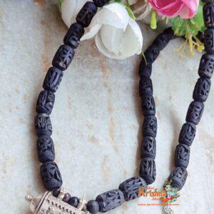 Silver Narasimha Kavach With Black Krishna Carved Handmade Tulsi Mala
