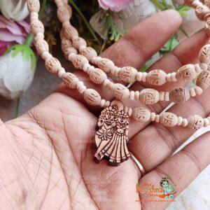 Radha Krishna 3 Round in Radha Carved Mridang Shaped Tulsi Kanthi Mala