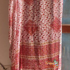 Red Maroon Cotton Gopi Skirt Outfit In White Small flower Pattern